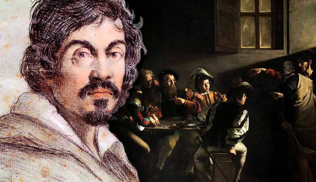 Caravaggio portrait next to The Calling of Saint Matthew.