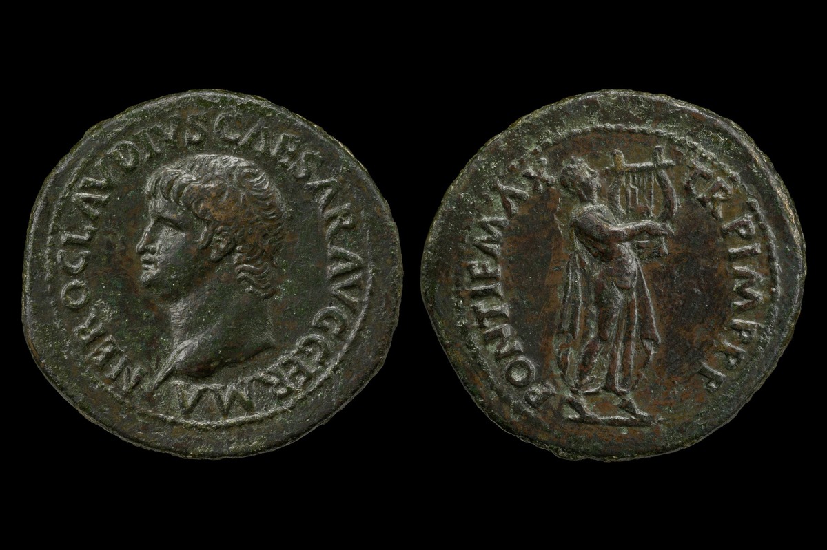 Coin with Nero's portrait on the obverse and Apollo playing the lyre on he reverse, Rome, AD 62. Source: British Museum
