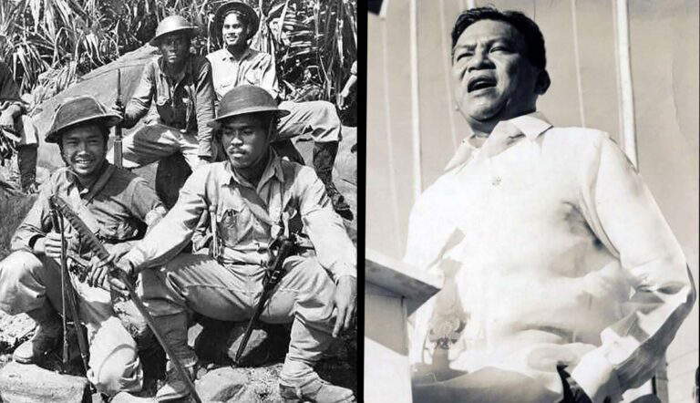 Philippine World War II soldiers next to Ramon Magsaysay.