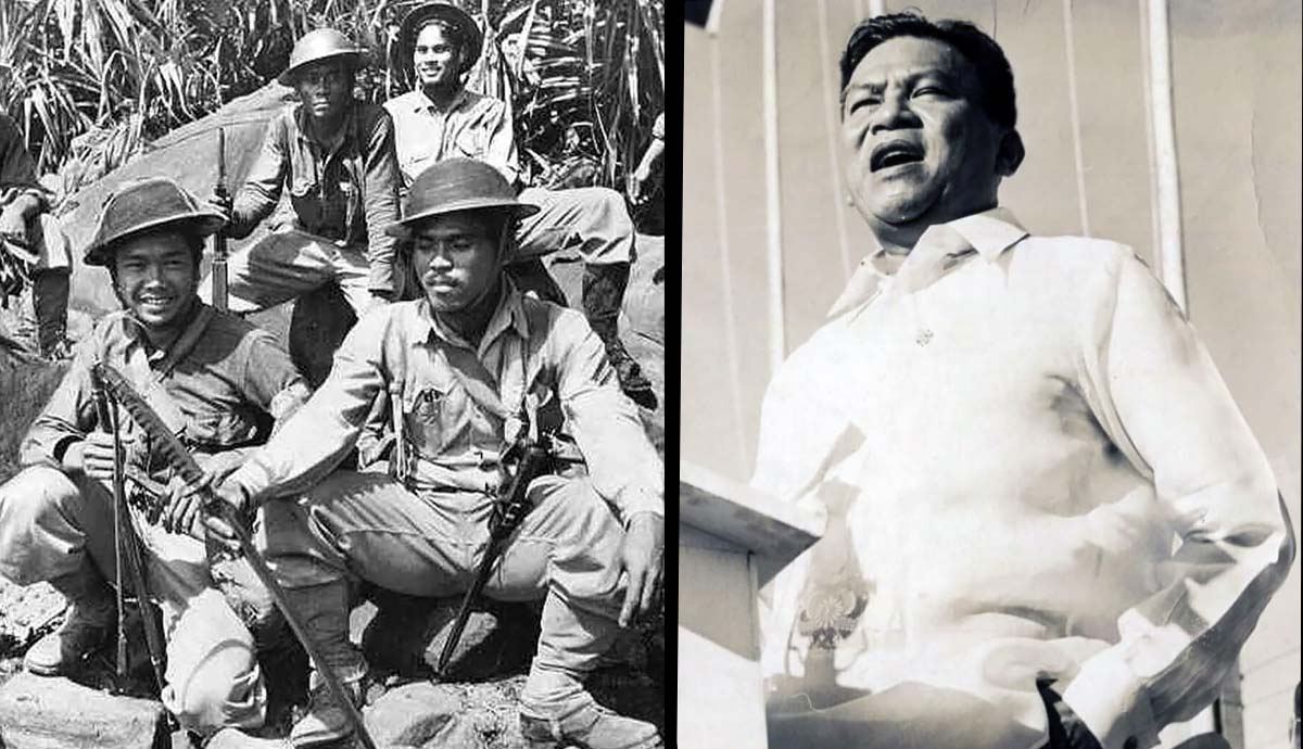Philippine World War II soldiers next to Ramon Magsaysay.