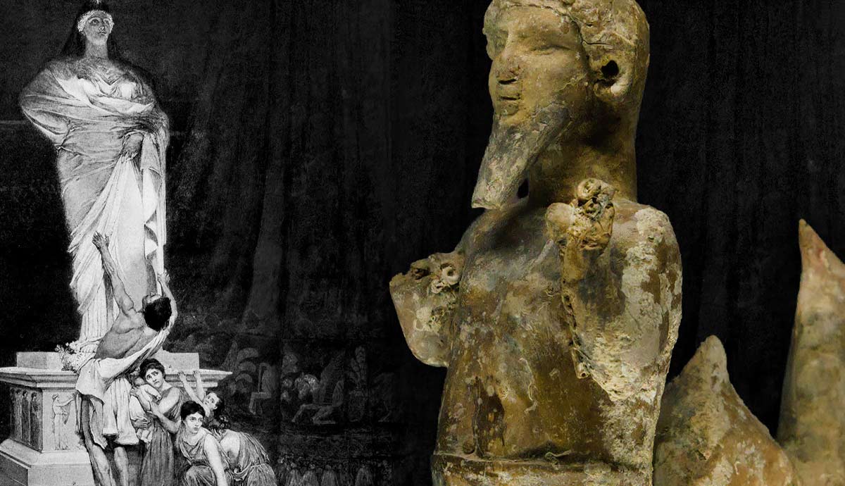 Ancient Greek statue next to a dramatic painting