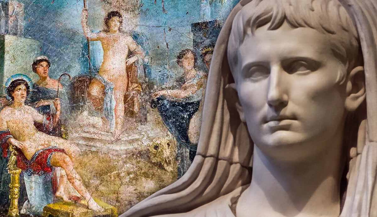 Roman bust layered over an ancient fresco painting.