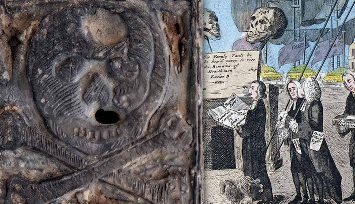 A skull and crossbones next to an 18th century cartoon.