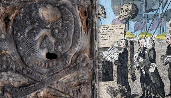 Skull and crossbones next to a historical political cartoon.