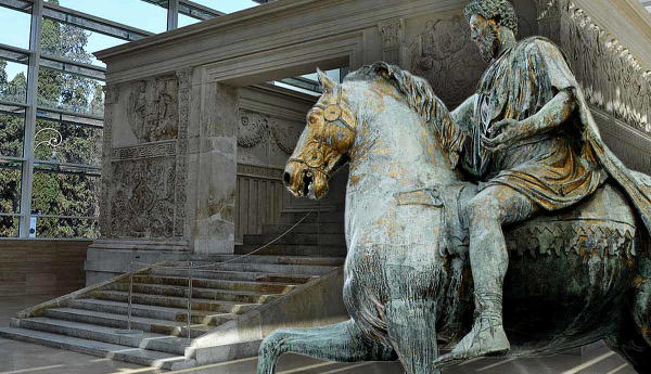 Equestrian statue of Marcus Aurelius and a museum.