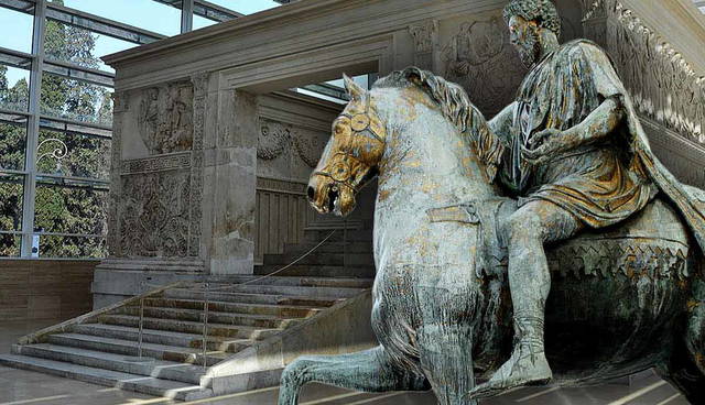 Equestrian statue of Marcus Aurelius and a museum.
