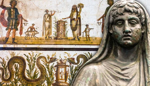 Roman lararium fresco paired with a bronze bust.
