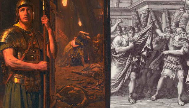 Two classical scenes depicting Roman soldiers and dramatic historical events.