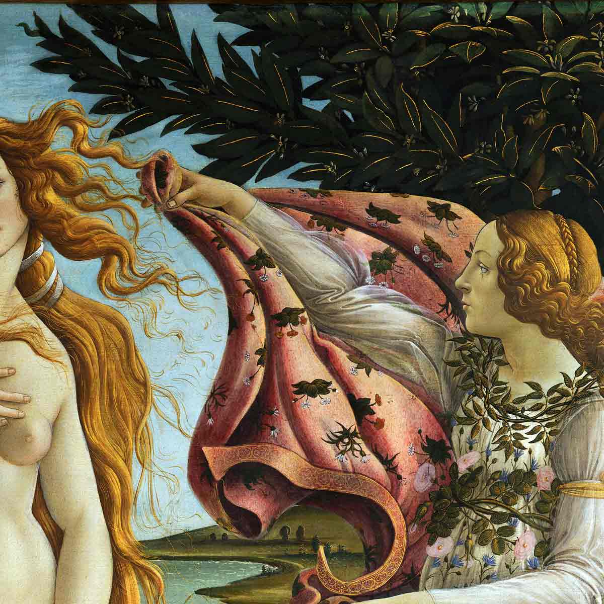 sandro botticelli birth venus detail trees wreath painting