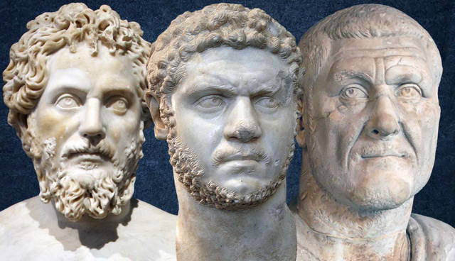 Three ancient Roman emperor bust sculptures side by side.
