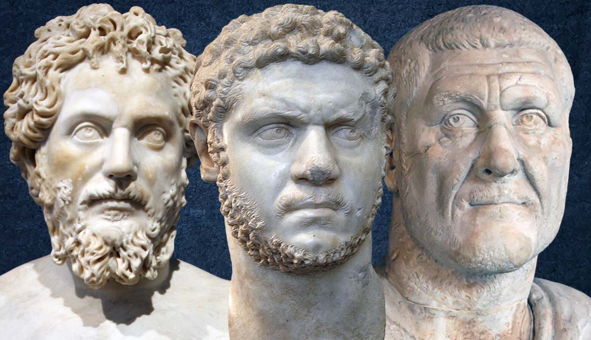 Three ancient Roman emperor bust sculptures side by side.