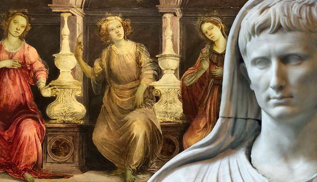 Roman emperor statue superimposed on panel of Sibyls