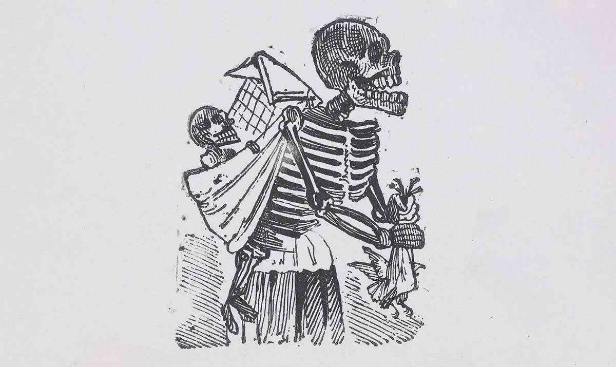 skeleton picking crops carrying baby