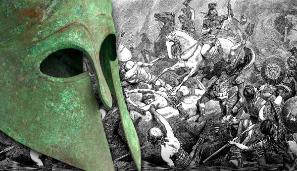 Ancient Greek helmet with background battle sketch.