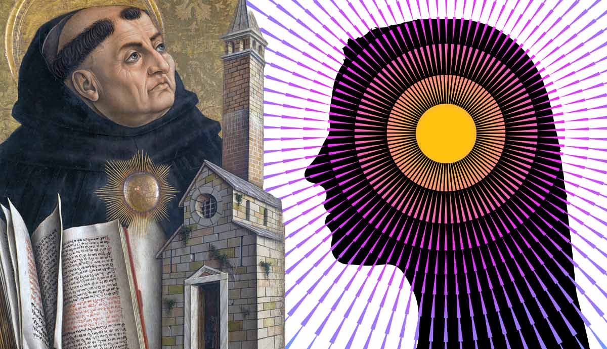 Thomas Aquinas painting next to a glowing mind silhouette.