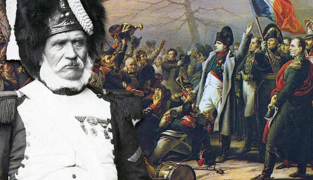 A collage featuring a veteran guardsman and a painting of Napoleon's return.