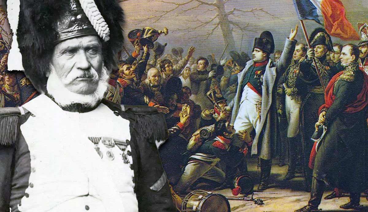 A collage featuring a veteran guardsman and a painting of Napoleon's return.