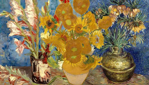 Van Gogh's sunflowers and other flowers in vases