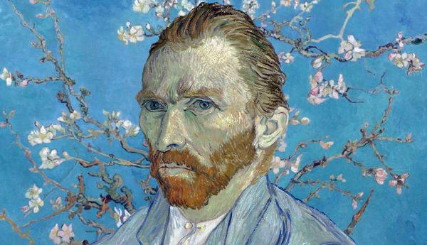 Vincent van Gogh portrait against almond blossoms backdrop.