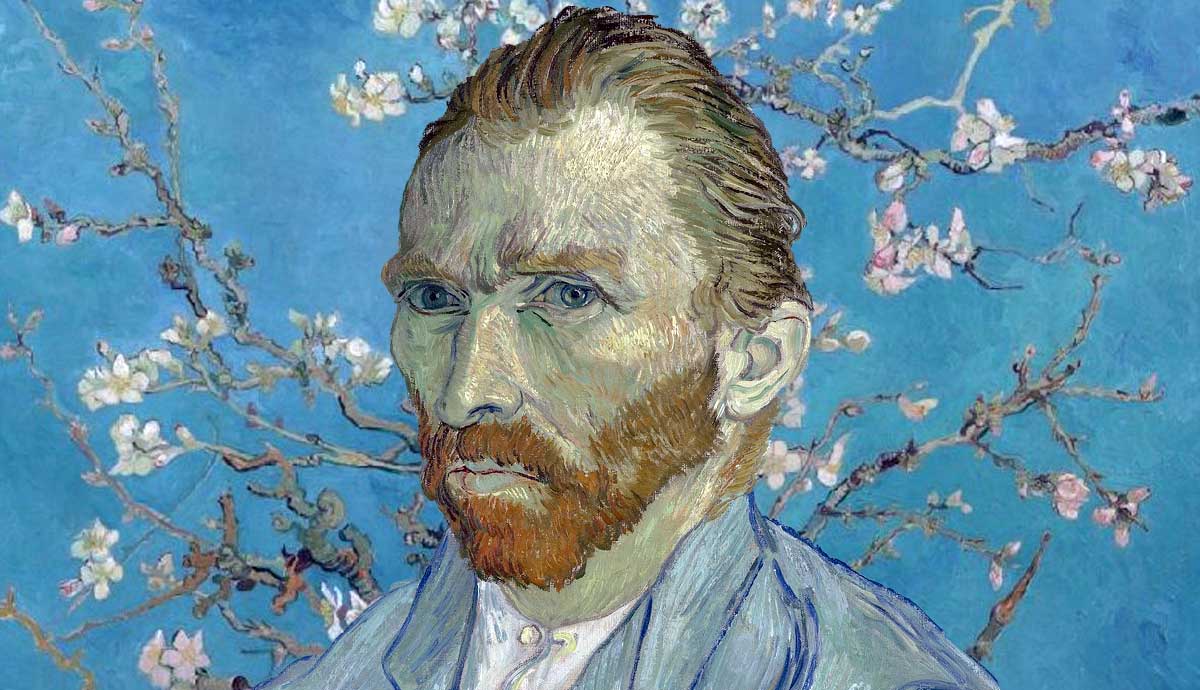 Vincent van Gogh portrait against almond blossoms backdrop.