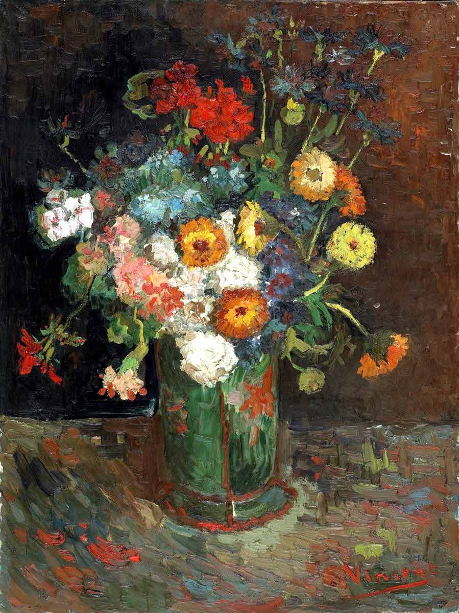 van gogh vase with zinnias geraniums