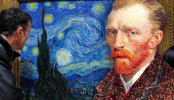 Man looking at Starry Night with Van Gogh foreground