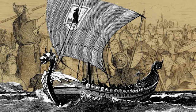 Illustration of a Viking longship sailing on rough seas