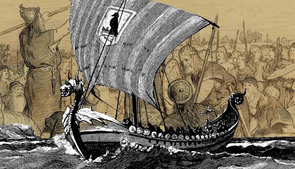 Illustration of a Viking longship sailing on rough seas