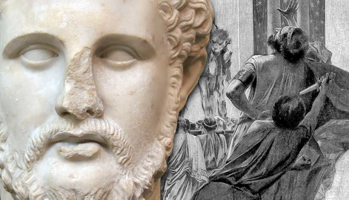 Bust of Philip II next to his assassination illustration