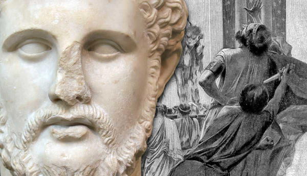 Bust of Philip II next to his assassination illustration