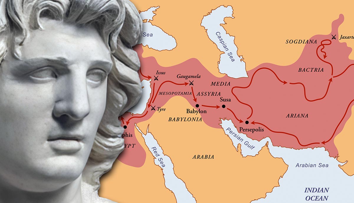 Alexander the Great bust next to his empire map