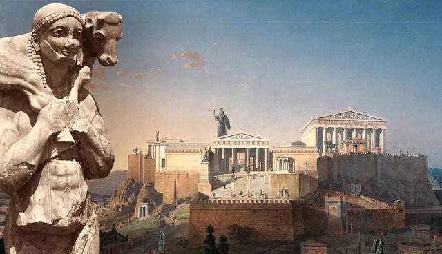 Statue of Moscophoros with the Athenian Acropolis.