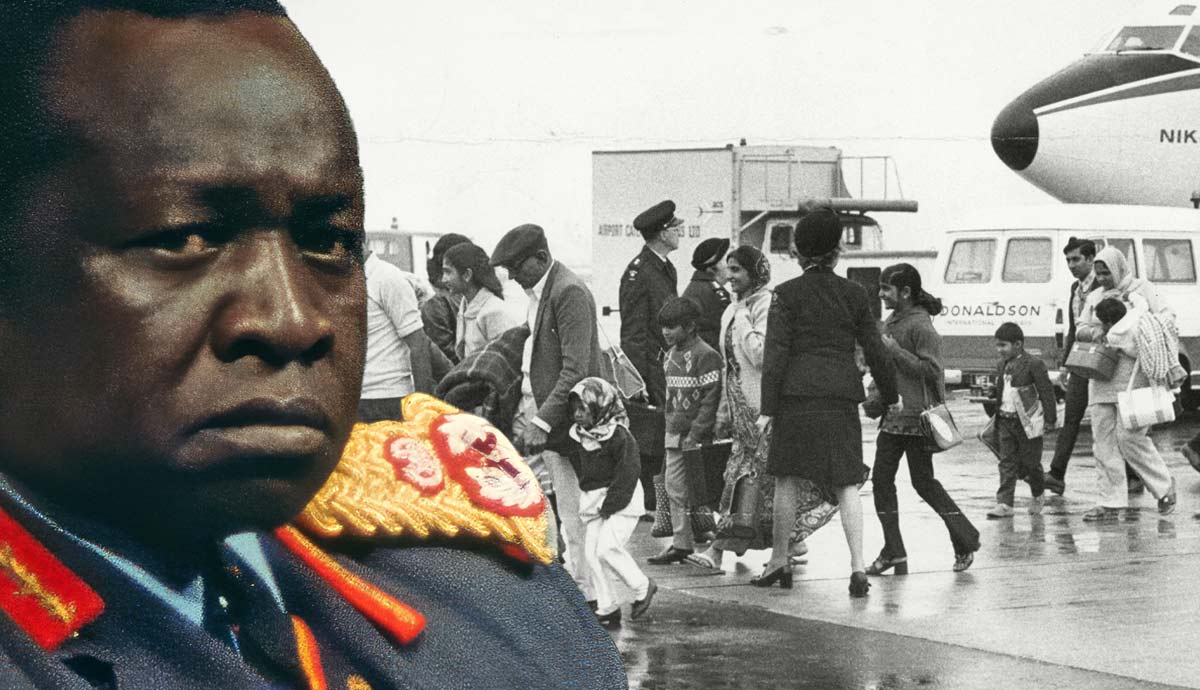 Idi Amin superimposed over Asian refugees at an airport.