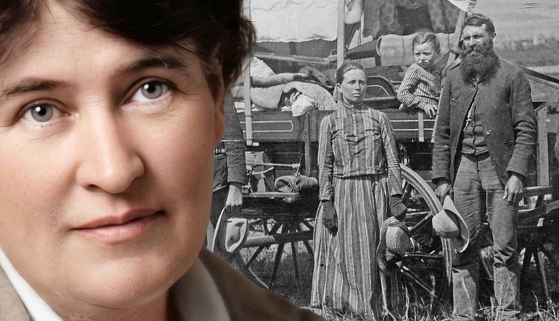 Willa Cather superimposed over a historical pioneer family.