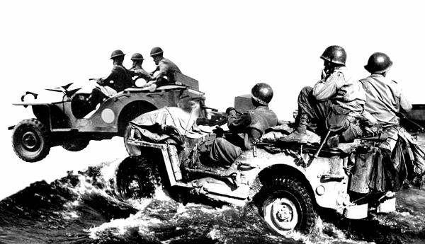 Soldiers driving two military jeeps through deep water