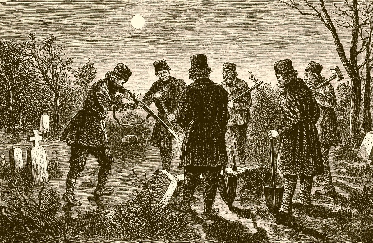 Having been pierced through the heart with a stake, the body of a suspected vampire is “finished off” with a gunshot in a Transylvanian cemetery. 19th-century engraving. Source: National Geographic
