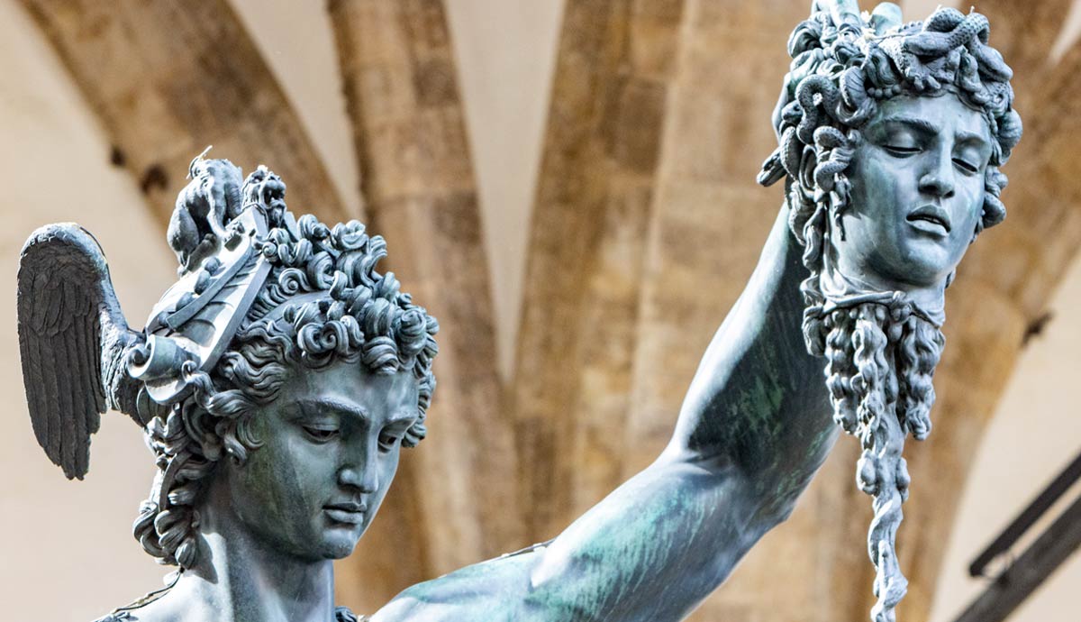 Bronze statue of Perseus holding Medusa's head.