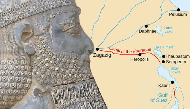Ancient Persian relief next to a map