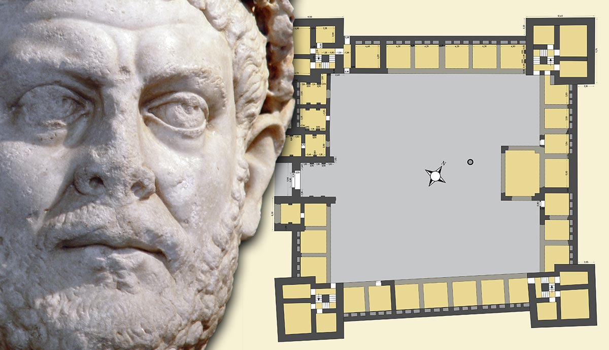 Bust of Diocletian next to a palace floorplan.