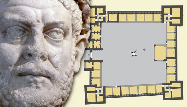 Bust of Diocletian next to a palace floorplan.