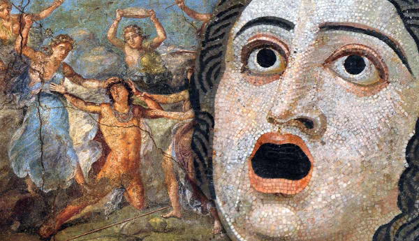 Roman mosaic mask layered over a tragic fresco.