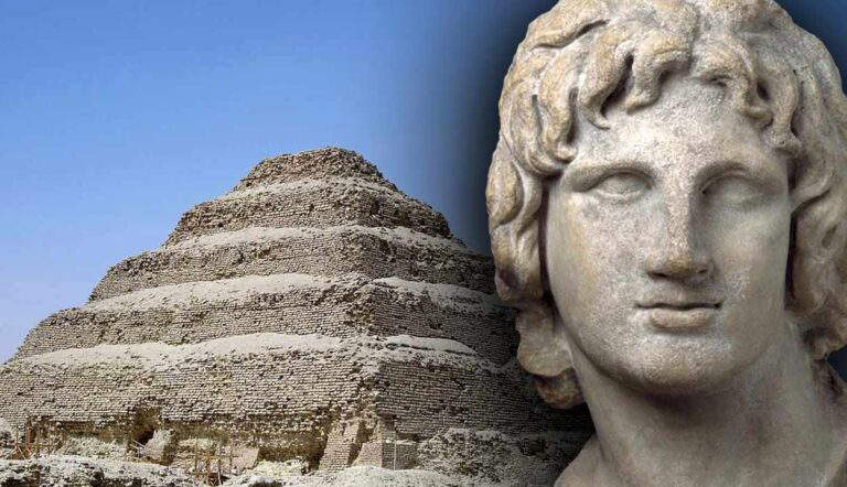 Alexander the Great next to a stepped pyramid.