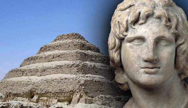 Alexander the Great next to a stepped pyramid.