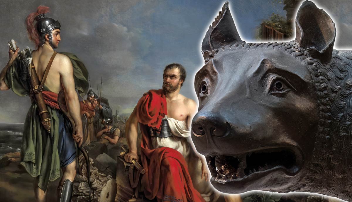 Capitoline Wolf statue next to Roman soldiers.