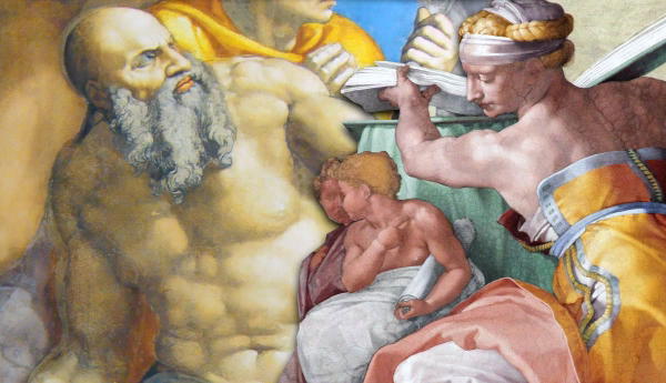 A fresco showing a bearded man and a woman holding a book.