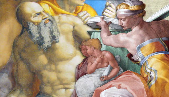 A fresco showing a bearded man and a woman holding a book.