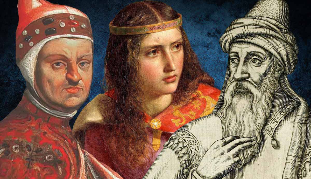 Three historical figures in classic art styles.