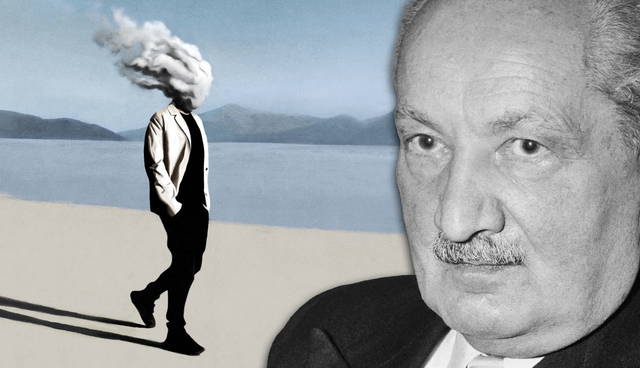 Martin Heidegger next to surreal cloud-headed figure.