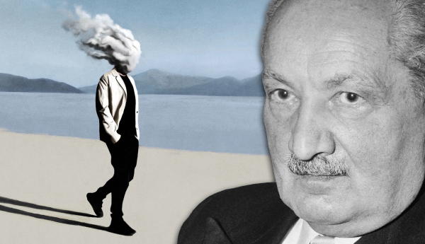 Martin Heidegger next to surreal cloud-headed figure.