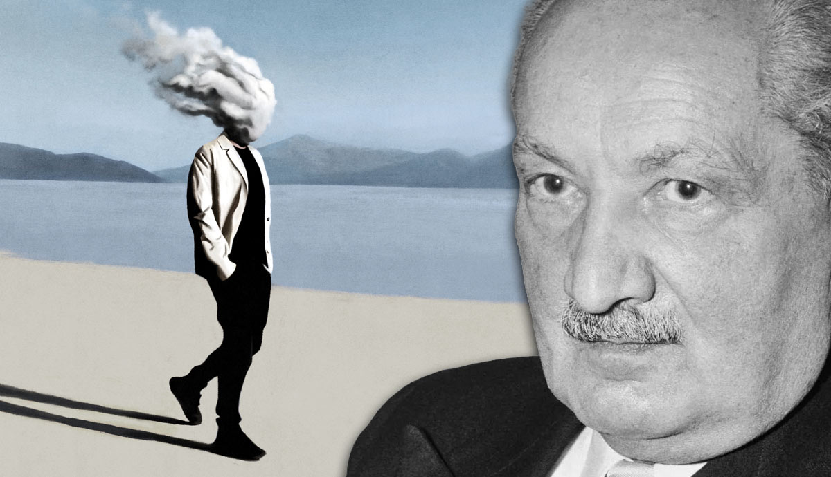 Martin Heidegger next to surreal cloud-headed figure.